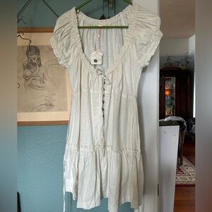 Free People Linen Cream Ruffle-Trim Mini Dress